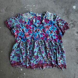 Umgee Floral Print‎ Peplum Top Short Sleeve Boho Blouse Womens XL